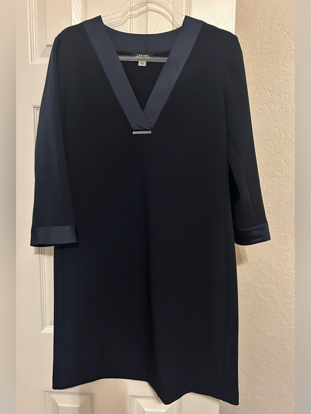 Tahari Navy Satin-Trim V-Neck Shift Dress